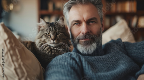 A middle-aged man sits on the sofa with his cat in the background of the living room, showcasing the friendship between people and animals.