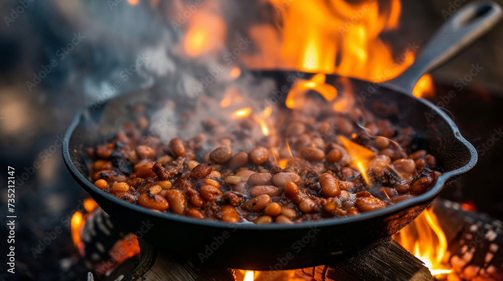 A cast iron skillet filled with hearty beans and savory chunks of sausage bubbling and sending up plumes of fragrant steam as it cooks over an open fire. A cast iron skillet filled with hearty beans and savory chunks of sausage bubbling and sending up plumes of fragrant steam as it cooks over an open fire.
