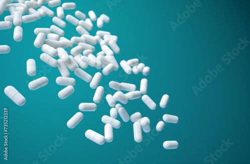 pills fall from a bottle onto a blue background © ArtCookStudio