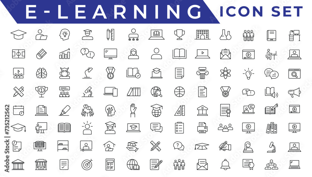E-learning icon set. Online education icon set. Thin line icons set. Distance learning. Containing video tuition, e-learning, online course, audio course, educational website - obrazy, fototapety, plakaty 