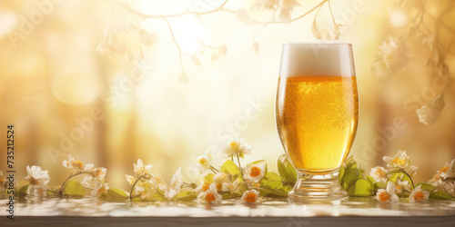In the rays of the sun, a glass of beer on a table decorated with spring flowers.