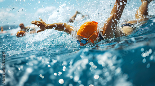 An athlete swimmer blue water in middle of stroke, water splashing around. Swimming competition in a pool or open water