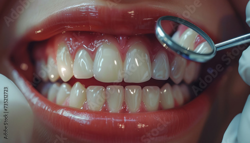 dentist holding the angled mirror and hook while examining teeth the patient,generative ai