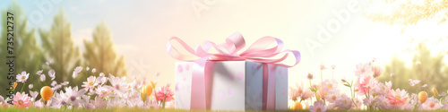 White gift box with a pink bow on a spring blooming field background.