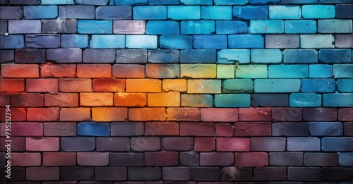 red brick wall painted in rainbow colors
