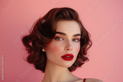 Vintage Hollywood Glamor Woman with Classic Waves, Makeup and Bright Red Lips