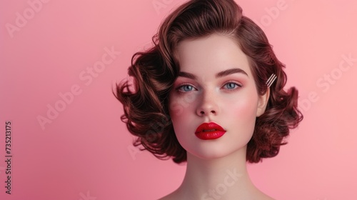Vintage Hollywood Glamor Woman with Classic Waves  Makeup and Bright Red Lips