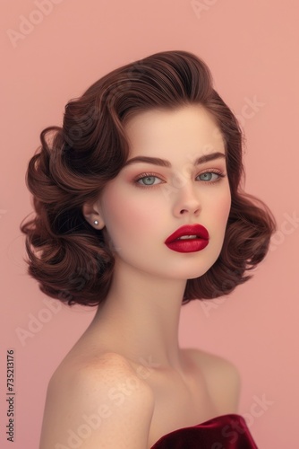 Vintage Hollywood Glamor Woman with Classic Waves, Makeup and Bright Red Lips