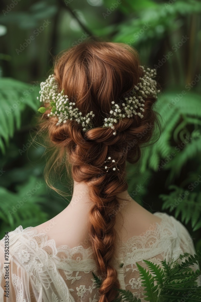 The bride's braid is decorated with wildflowers on the background of the forest