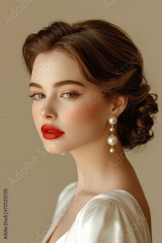 Woman with low bun hairstyle and classic red lips, pearl earrings and bold makeup