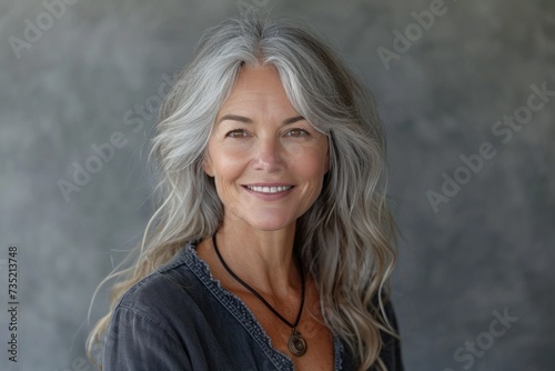 Portrait of happy 50 year old woman with long gray hair