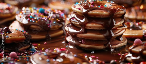 The image displays a mouthwatering close-up of a stack of pancakes richly coated with a glossy chocolate syrup and adorned with a vibrant assortment of sprinkles and small candy pieces, creating a fes photo