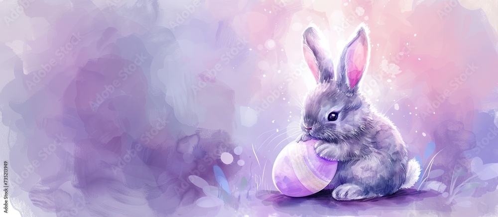 The digital artwork depicts a charming gray bunny softly perched upon a large, pastel-colored Easter egg, set against a dreamy, watercolor-inspired background that embraces shades of lavender, pink, a - obrazy, fototapety, plakaty 
