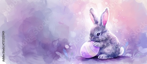 The digital artwork depicts a charming gray bunny softly perched upon a large, pastel-colored Easter egg, set against a dreamy, watercolor-inspired background that embraces shades of lavender, pink, a