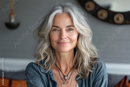 Portrait of happy gray-haired 50-year-old woman in room