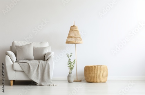 white room concept with floor lamp and wicker pouffe stock