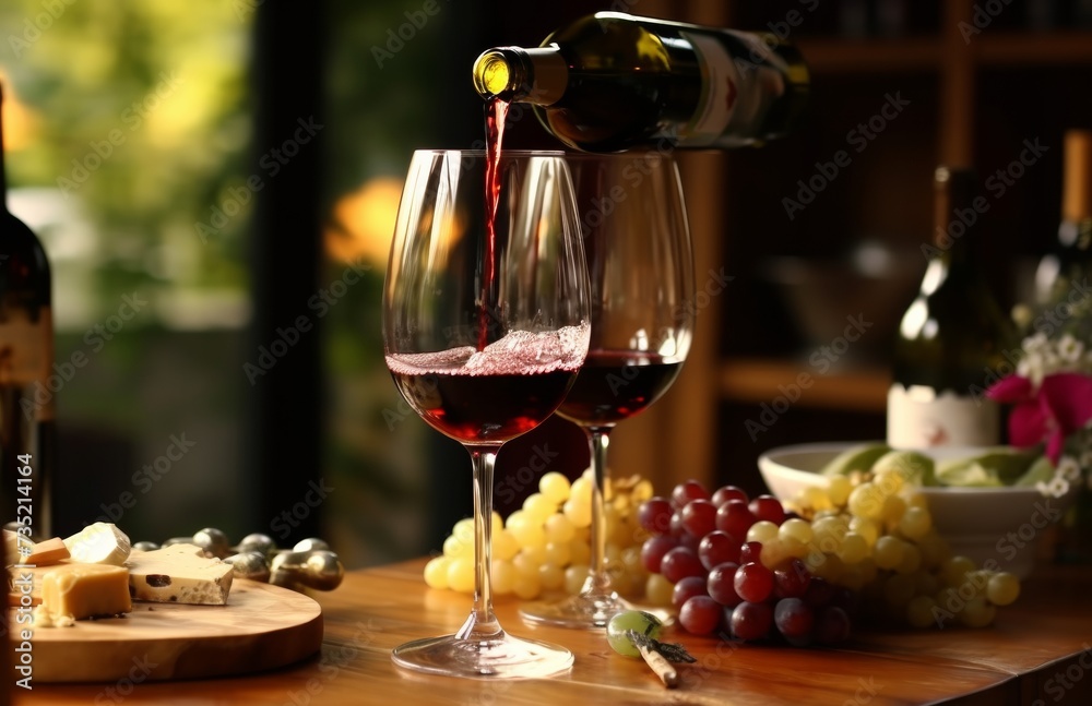 wine pouring on a table with food and cheese serving wine