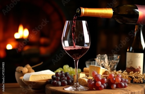 wine pouring on a table with food and cheese serving wine