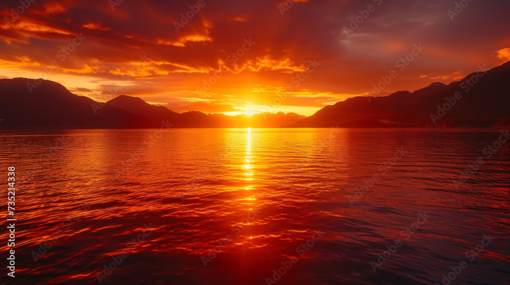 The sun sinks behind the distant mountains casting a fiery orange and red glow over the peaceful lake below.