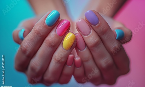 womens hands wearing colorful manicure