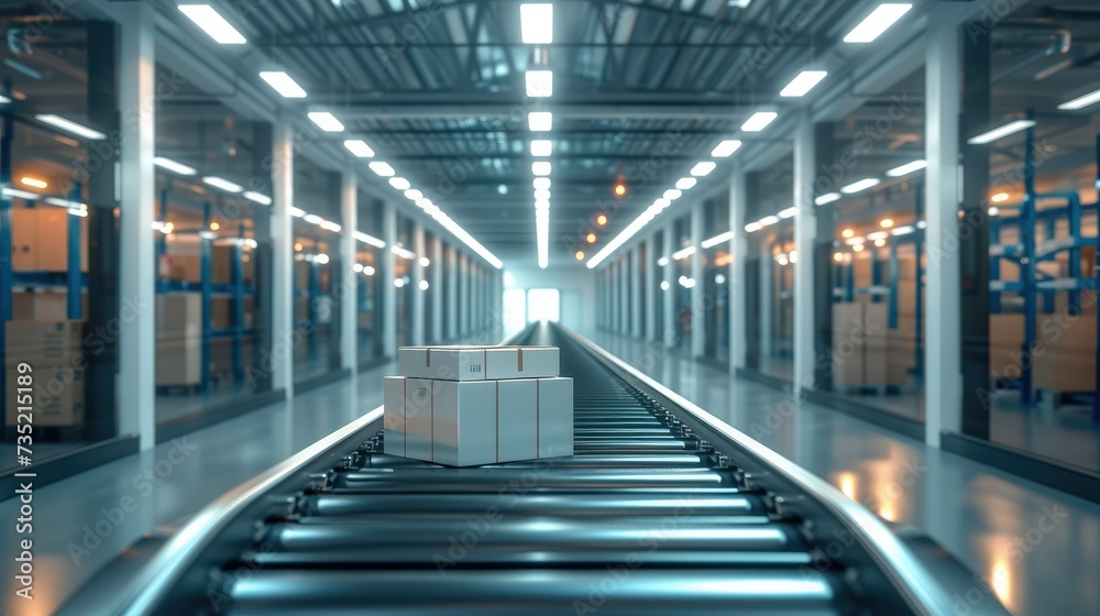 Warehouse fulfillment center with seamless conveyor transport of packages. Generative AI. Warehouse fulfillment center with seamless conveyor transport of packages. Generative AI.