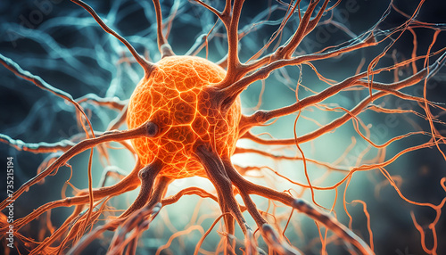 Close up Makro Aufnahme einer Nervenzelle mit Vernetzungen im Gehirn, Impulse Synapsen und Informationen fließen zum denken und wahrnehmen humane Forschung und medizinische Wissenschaft photo