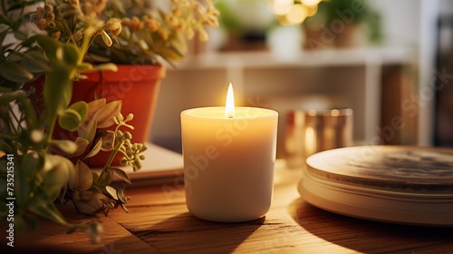 A Lit Candle on Top of a Wooden Table