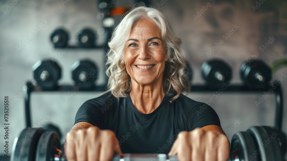 Healthy lifestyle happy elderly woman with dumbbell at gym . - obrazy, fototapety, plakaty 