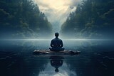 Person meditation waterfall. Summer travel. Generate Ai
