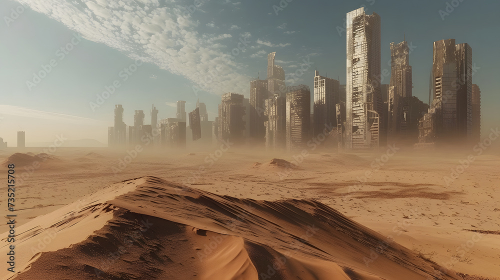 A post apocalypse desert with ruined city sky scraper in the distance - obrazy, fototapety, plakaty 