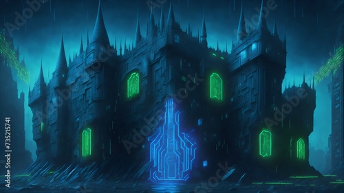 Cyber Fortress"Image: A majestic castle-like structure made of glowing blue and green digital elements, surrounded by walls of code and firewalls