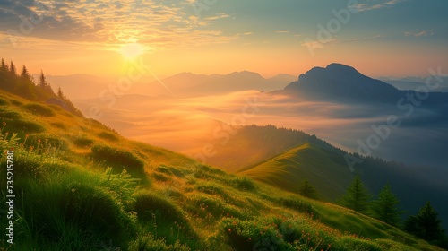 A Mountain Sunset with warm Sky and Clouds landscape wallpaper background. Generative AI