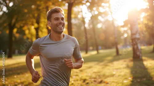 Fototapeta Naklejka Na Ścianę i Meble -  A portrait of man exercise jogging in the park with sunlight. Generative AI