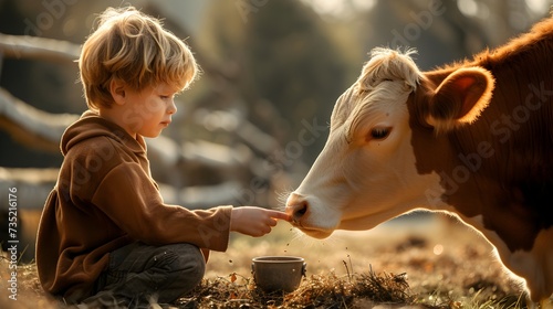 A child blonde hair boy at farm feeding a cow from his hand. Generative AI