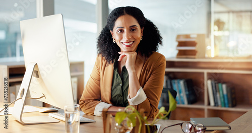 Portrait of happy woman at computer with smile, confidence and career in administration at digital agency. Internet, desk and businesswoman at tech startup with creative job for professional business