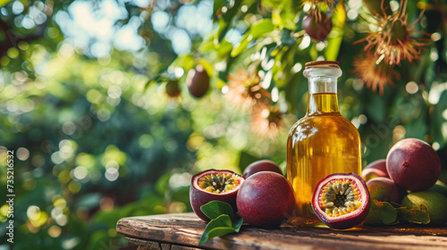 Maracuja oil banner, small bottle with fresh passion fruits on a rustic wooden table, trees background with copy space. Organic wellness, aromatherapy and natural skin care concept