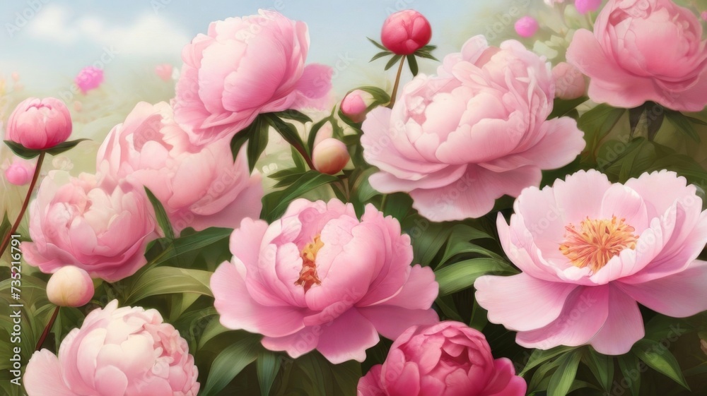Intricate layers of peony blooms, showcasing their delicate beauty and soft colors in a summer background texture