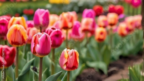 Beauty spring blooming tulips arranged in a garden