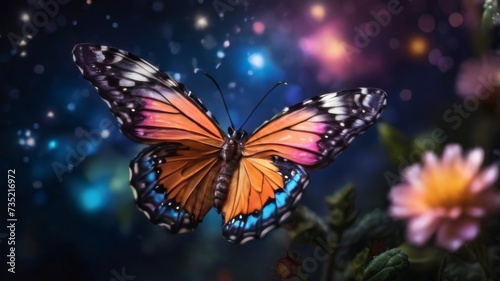 Beautiful butterfly delicately resting on a flower  with a backdrop of a fantastic starry sky