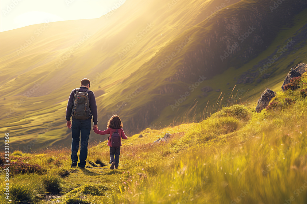 Father and child with backpacks admiring scenic view of spectacular Irish nature. Breathtaking landscape of Ireland. Hiking by foot.