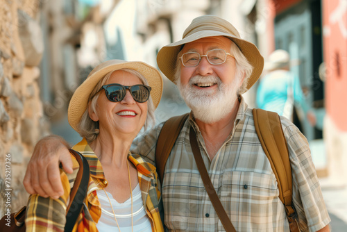 Beautiful senior couple having fun while visiting small Italian town on sunny summer day. Elderly man and woman posing on city street. © MNStudio