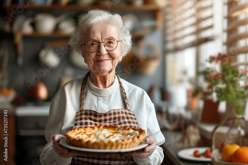Happy cheerful senior woman holding freshly baked pie on her sunny kitchen. Grandma baking desserts for her grandchildren. photo