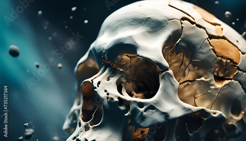 Makro Nahaufnahme menschlicher Schädel von Knochen Kalk Ablagerungen Struktur im Körper Skelett medizinisch wissenschaftlich Alterung Abbau Verlust Stabilität Bruch Dichte weiß Tod sterben photo