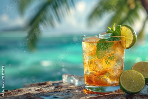Refreshing Summer Cocktail with Palm Trees and Blue Sea: The Perfect Getaway