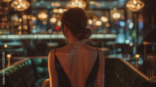 A classic little black dress is given a modern twist with a low back and subtle outs paired with dainty gold jewelry. The background is a highend bar with sleek velvet couches