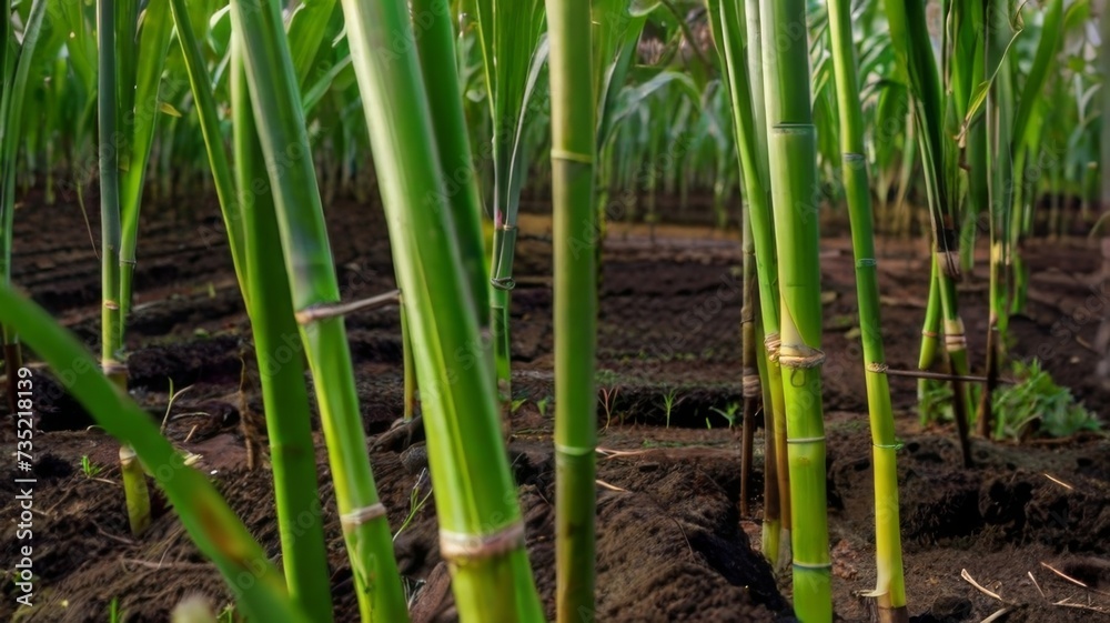 Obraz premium Close-up of young sugar cane plants, showing the tender green shoots