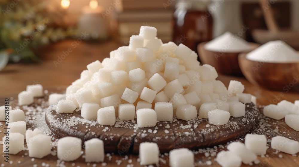 Pile of White Sugar Cubes on the Table, Representing Sweetness and Diabetes Concerns. Generative AI.