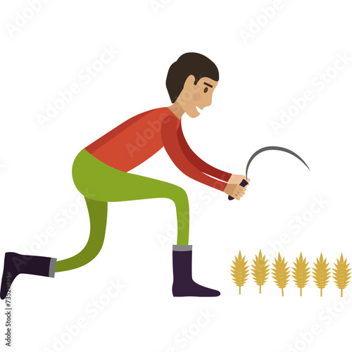 Farmer mowing ripe wheat spikelets with vintage sickle vector icon isolated on white