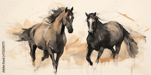 Watercolor paint style of two running horses in beige and black colors.
