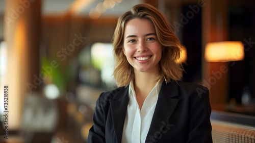 A medium shot of young woman reception smiling portrait in suit uniform on hotel lobby background. Generative AI
